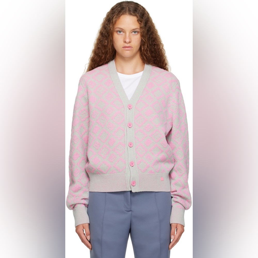 Acne Studios Jacquard Knit Cardigan Sweater Pink Gray Small